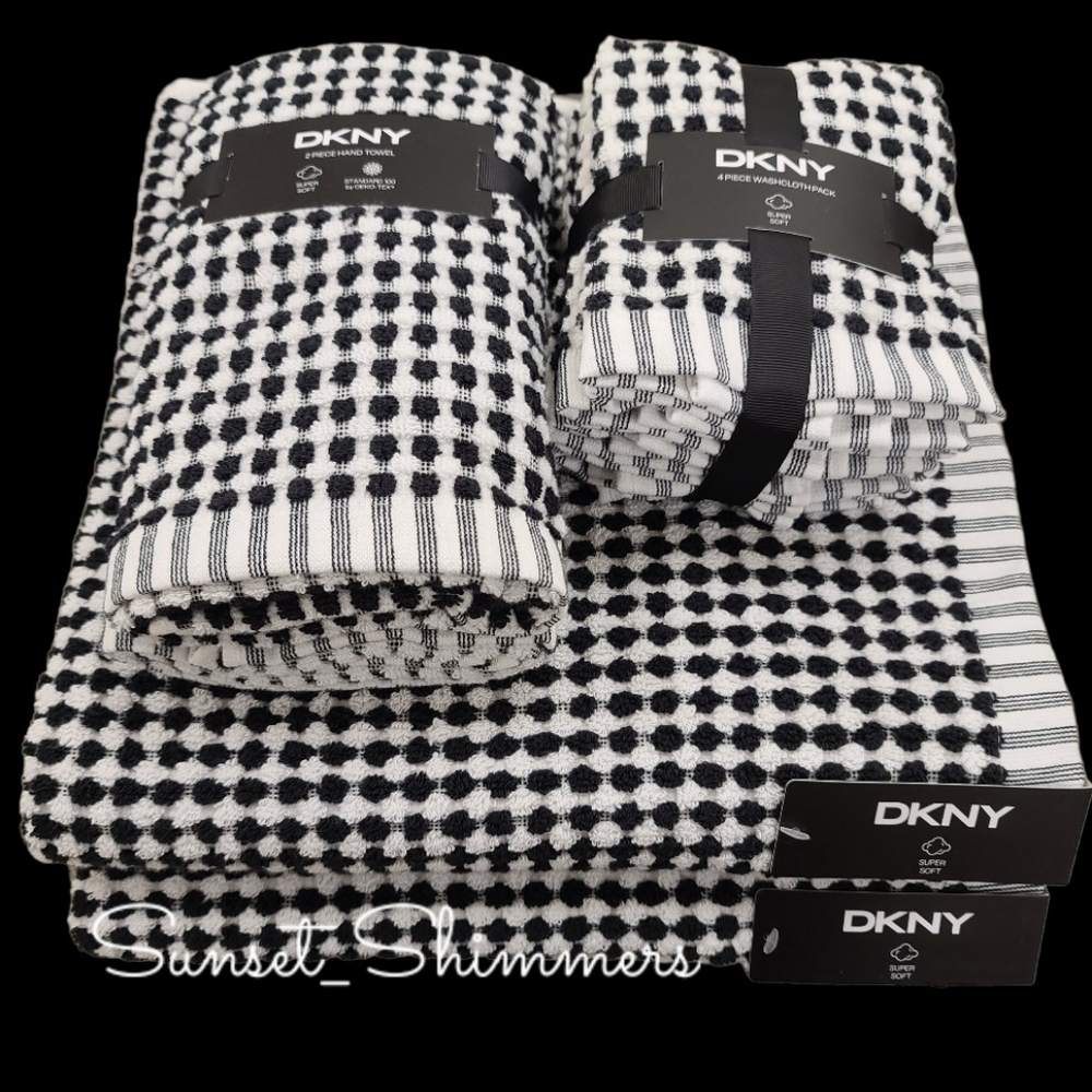 Dkny 8pc 2 Bath 2 Hand 4 Washcloth Black & White Check Farmhouse Towel Set NEW